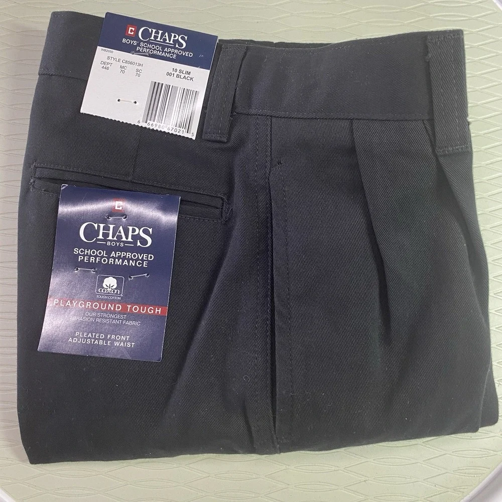 Chaps NWT Boys' School Approved Black Pleated Front Pants Size 10 Slim‎